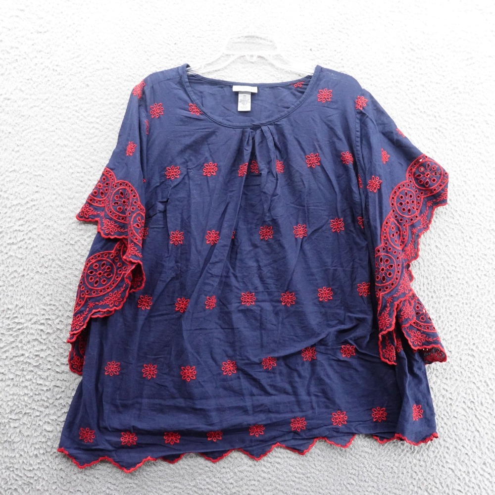 Catherines Eyelet‎ Floral Tunic Top 2X Blue Red Womens 3/4 Sleeve Plus Size